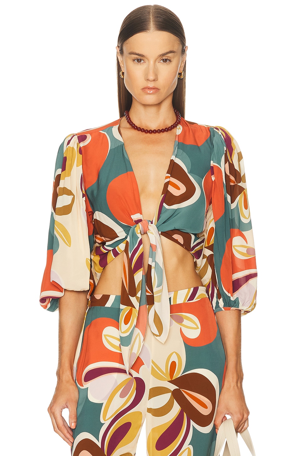 ADRIANA DEGREAS Organic Floral Puff Sleeved Blouse in Unique - Orange,Teal.  S also in