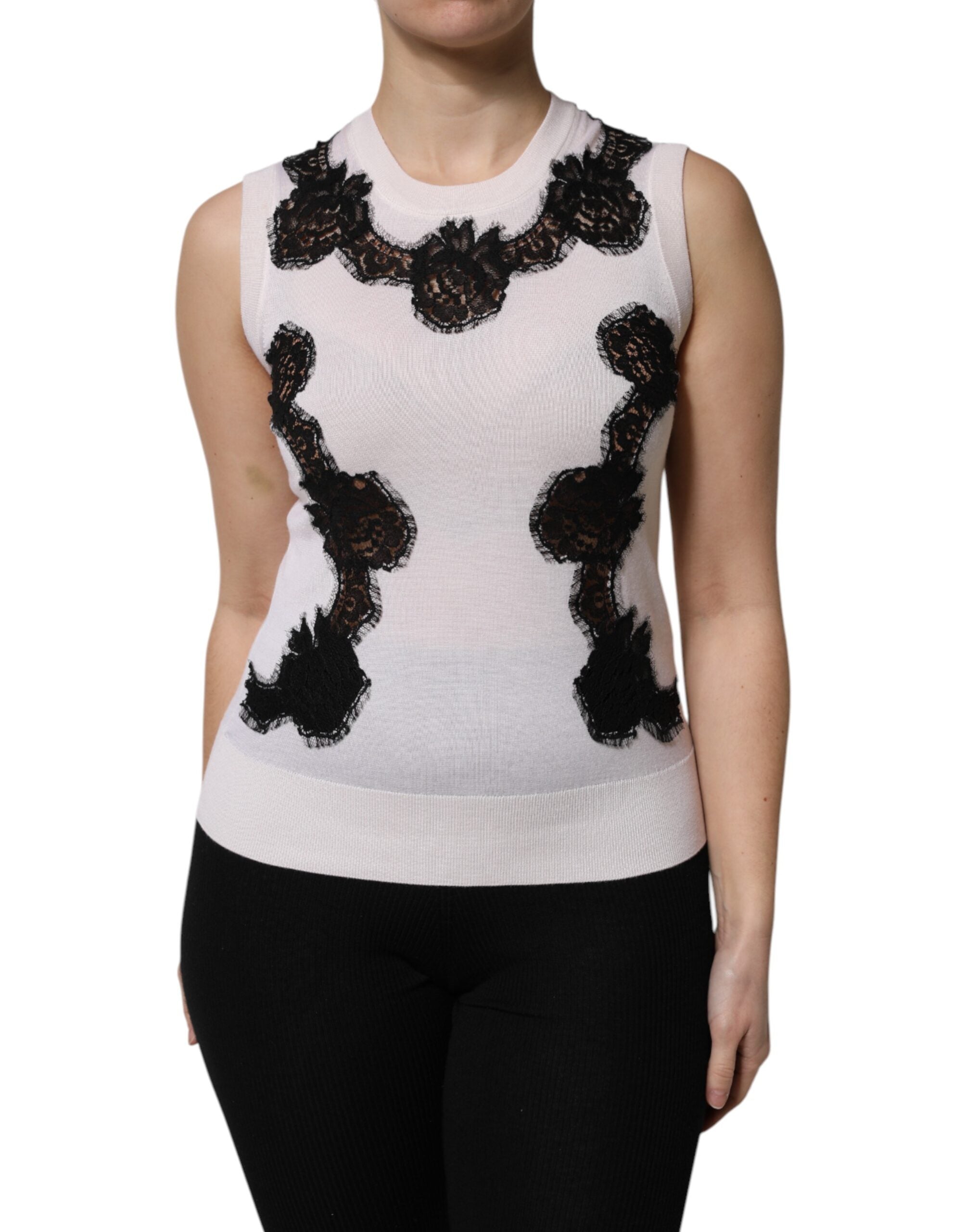 Cashmere with Lace Floral Appliqué Tank Top — White