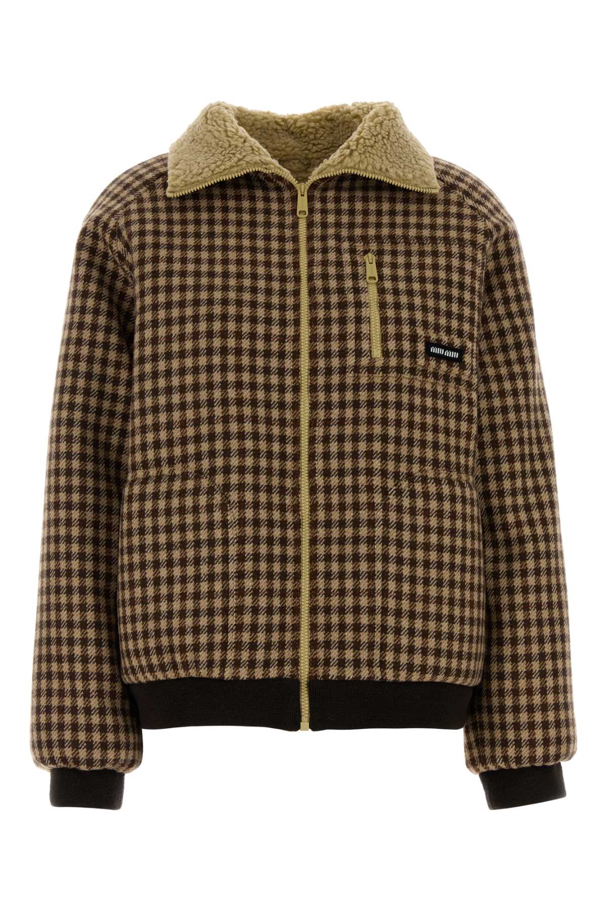 Houndstooth Wool with Sherpa Collar Jacket — Brown