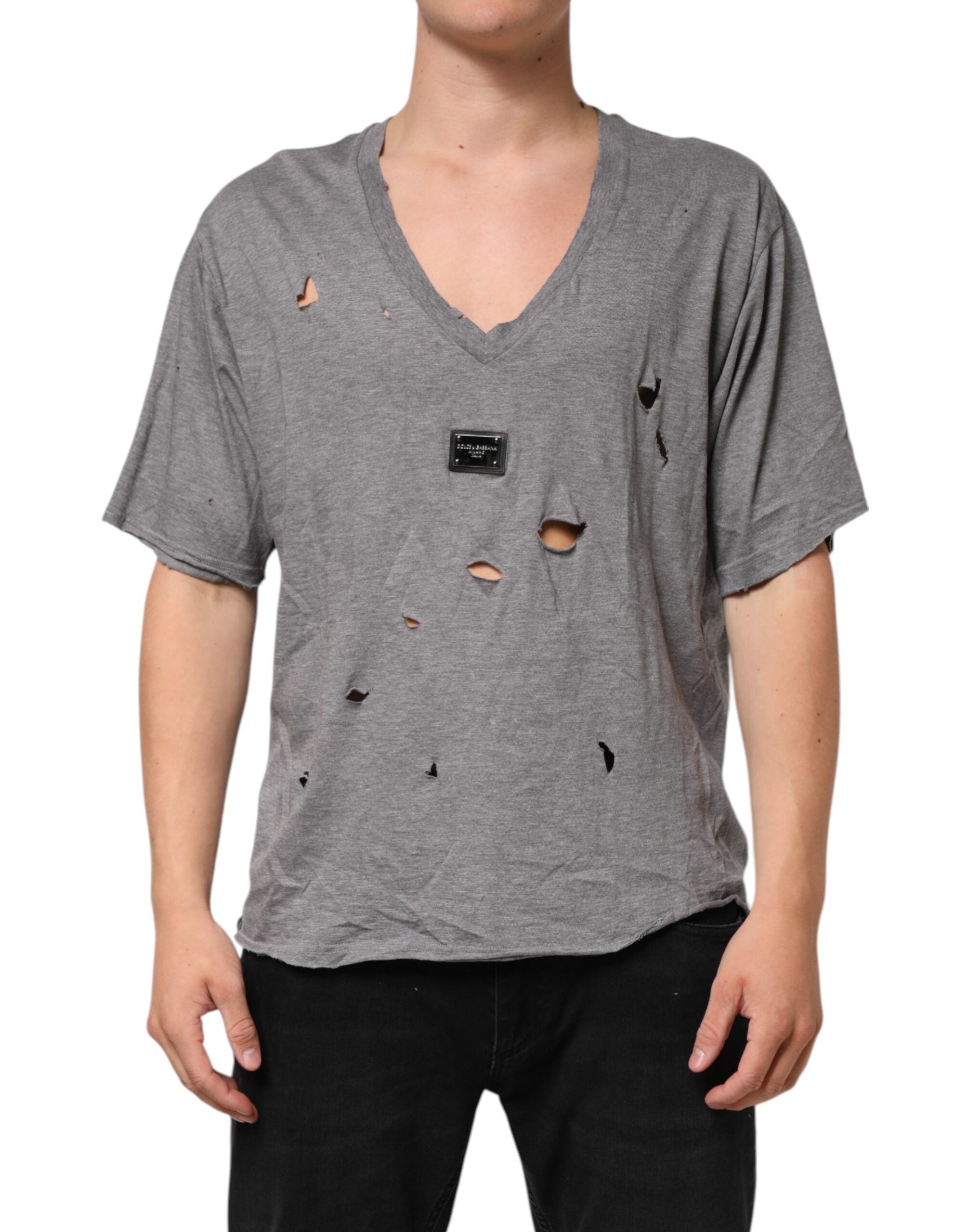 Distressed Cotton Logo Patch T-Shirt — Gray