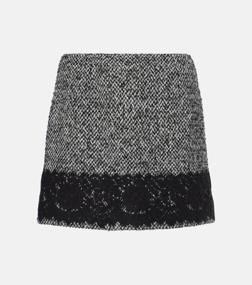 Lace-trimmed tweed miniskirt