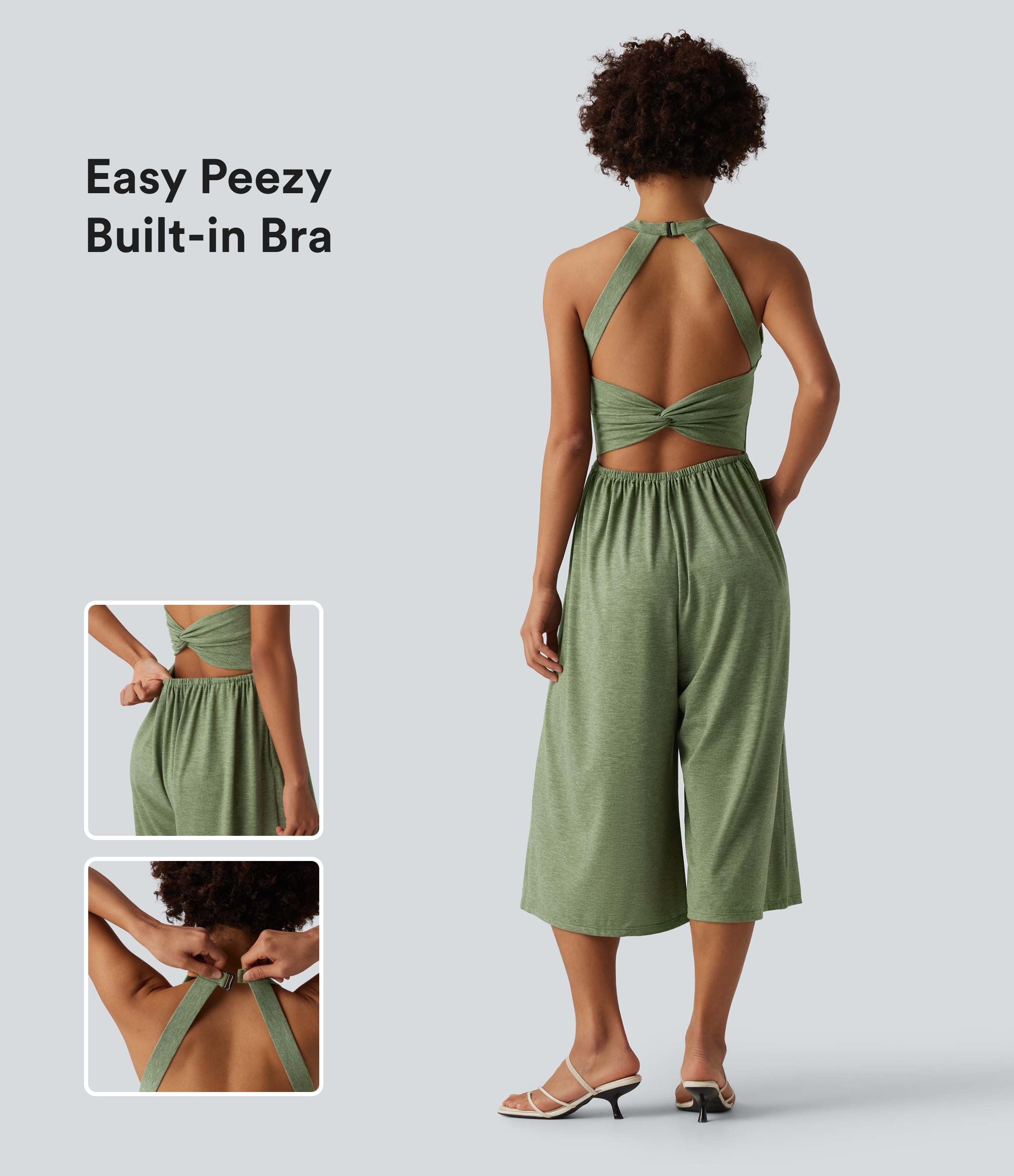 Halara Wide Leg Capri Casual Jumpsuit with Pockets-Easy Peezy Edition - Light Green Floral Yarn - XLregular