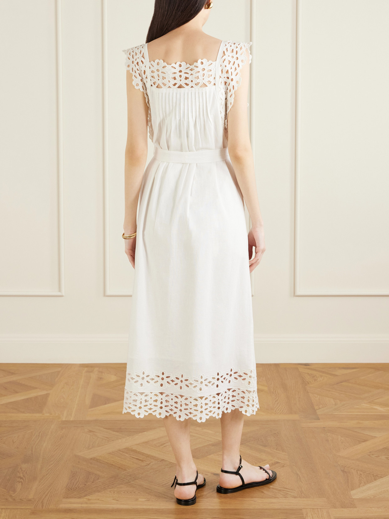 Leila Broderie Anglaise-trimmed Cotton And Linen-blend Midi Dress - White