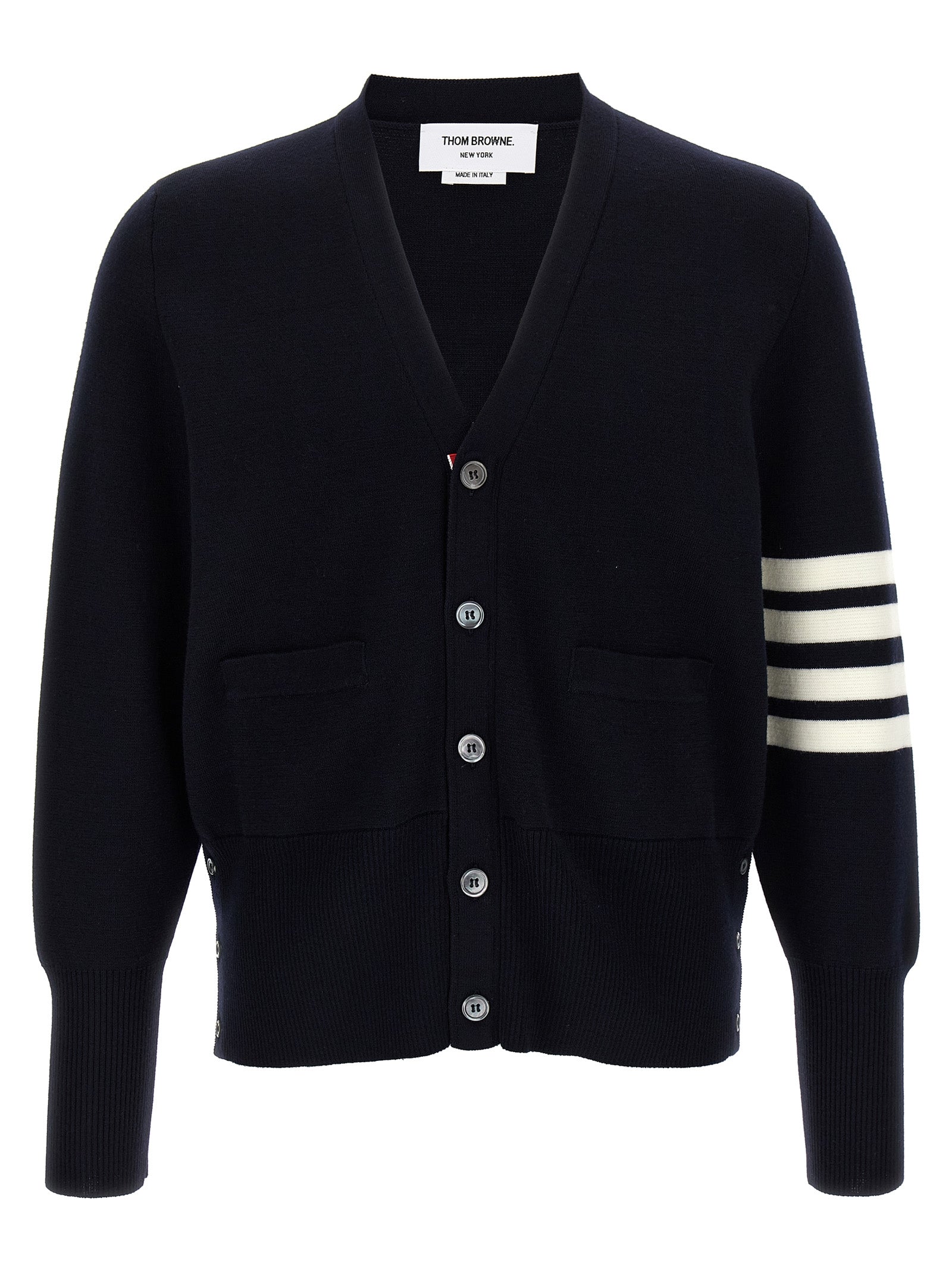 Virgin Wool with 4-Bar Stripe Cardigan — Navy