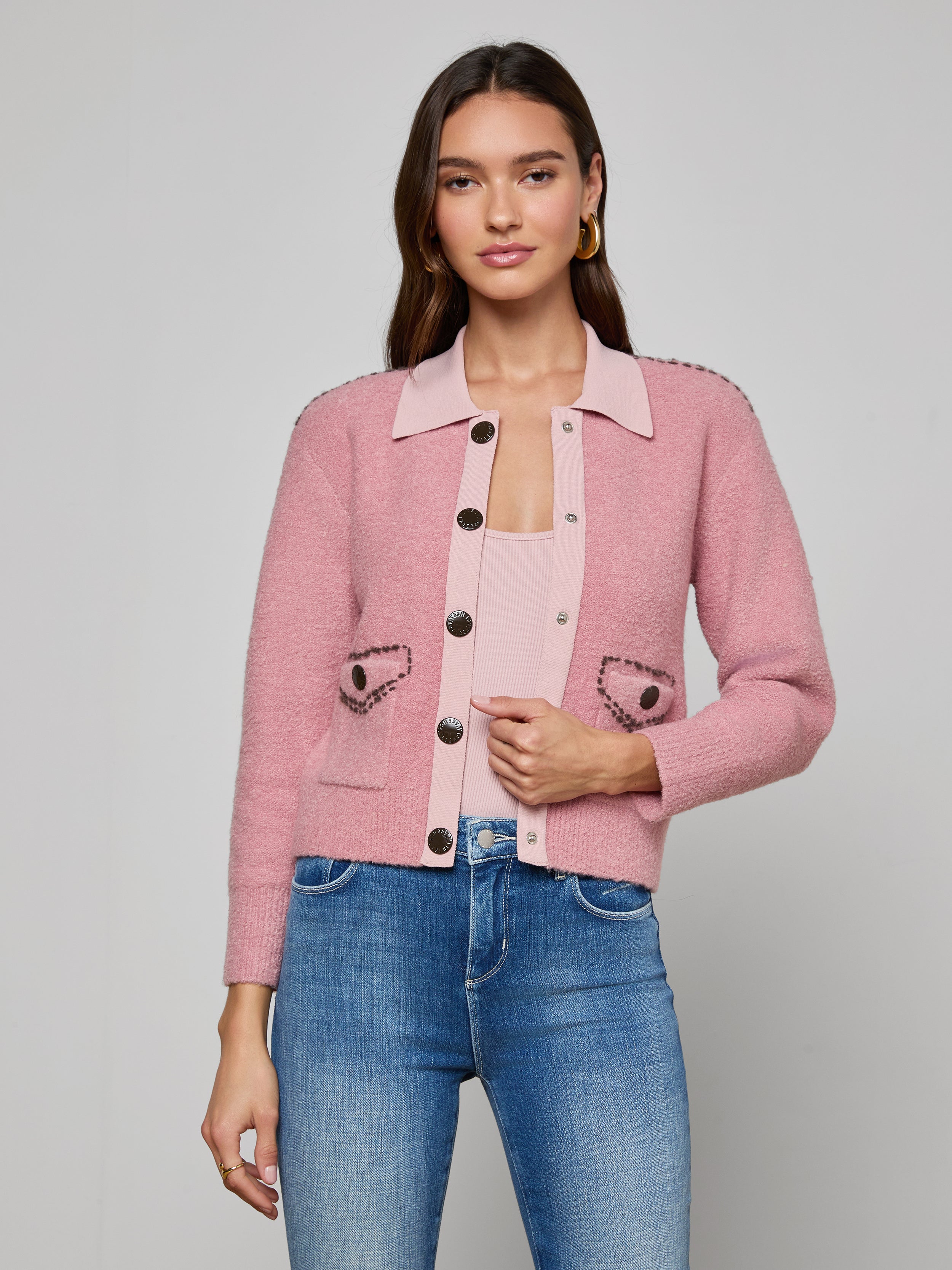 Poetry Cardigan In Mauve Rose/dark Brown