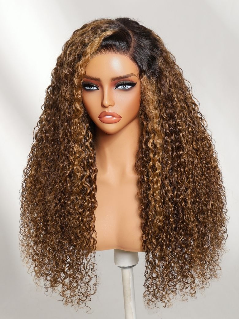 UNice 13x4 Bye Bye Slip™ Lace Frontal Brown with Caramel Highlights Glueless Curly Wig with Dark Root