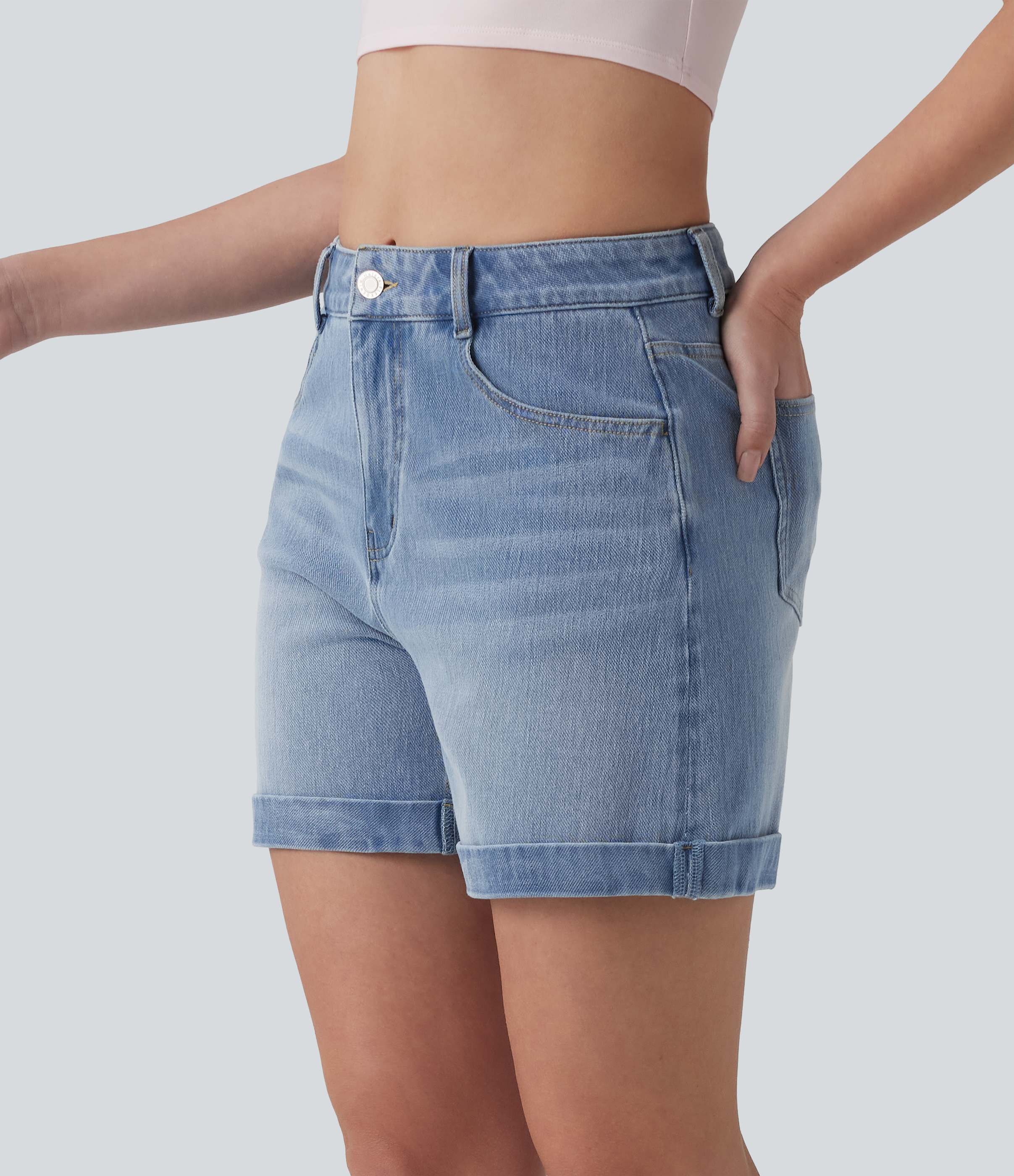 Flex™ Mid Rise Rolled Hem Denim Casual Shorts 5'' with Pockets  - Crushed Ice Blue Denim