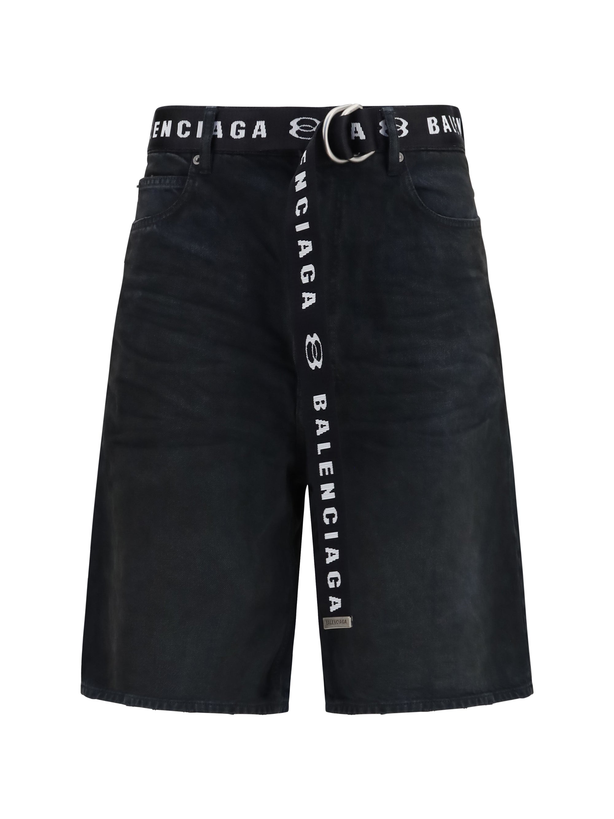 Belted Logo-Jacquard Denim Bermuda Shorts — Black