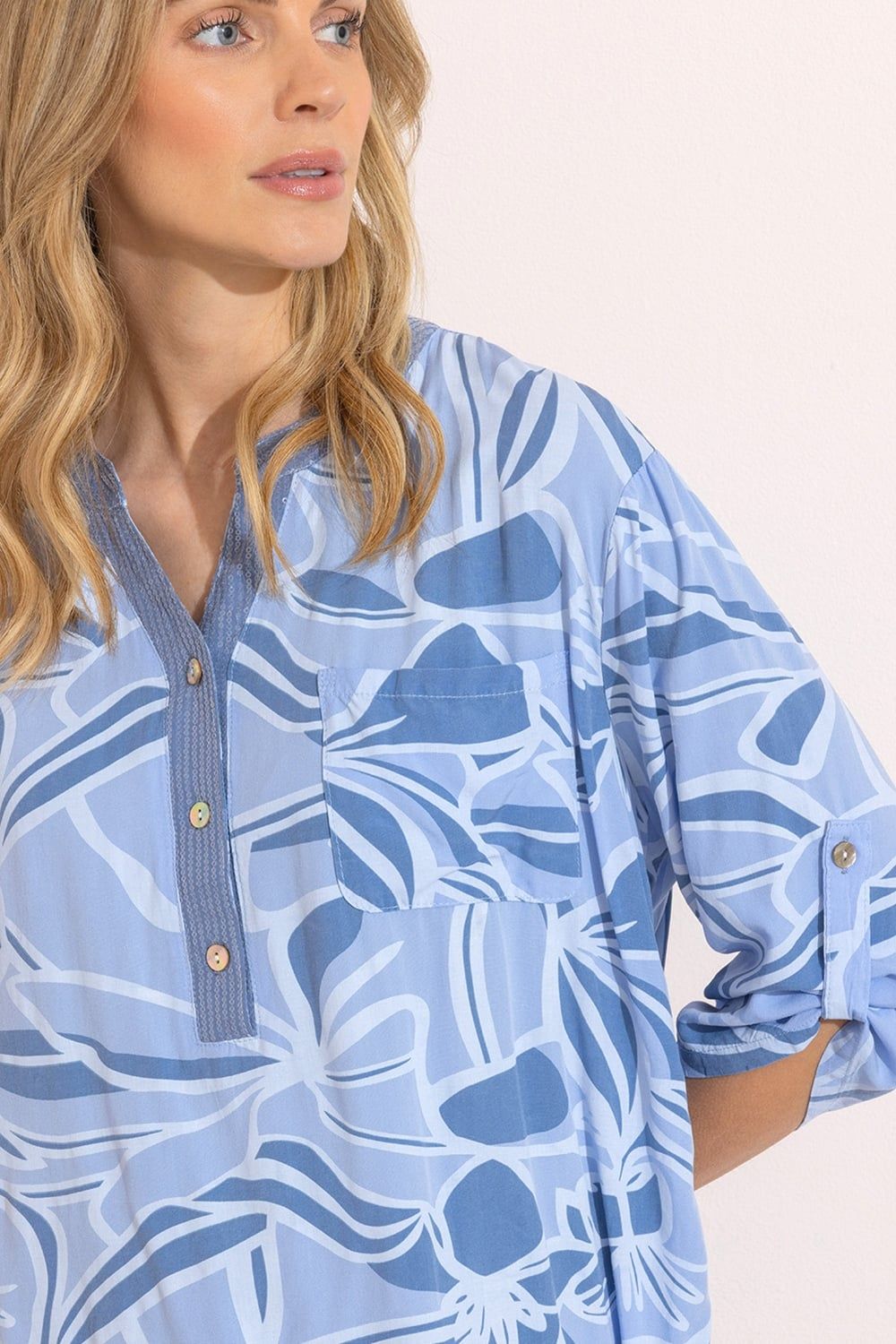Klass. Women's Embellished Printed Relaxed Fit Cotton Top in Blue
