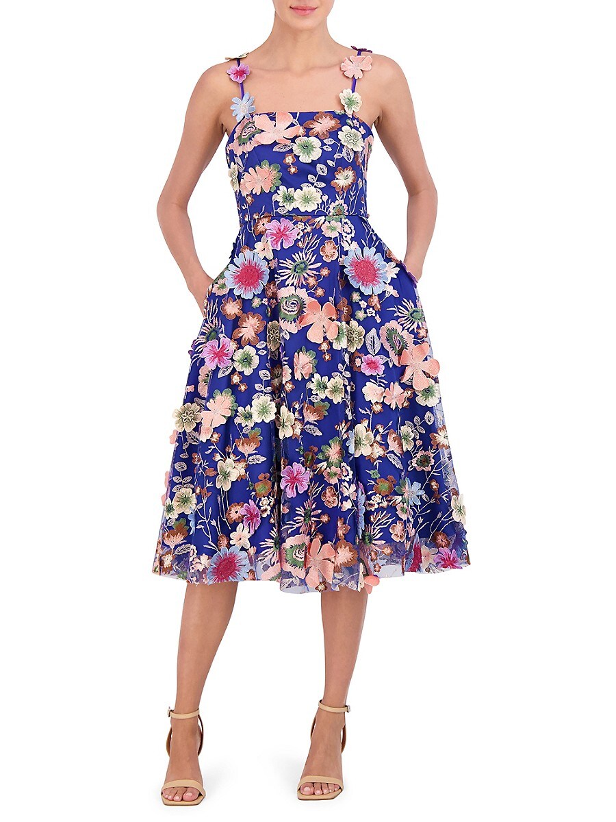 Women's Floral Appliqué Mesh Midi-Dress - Cobalt