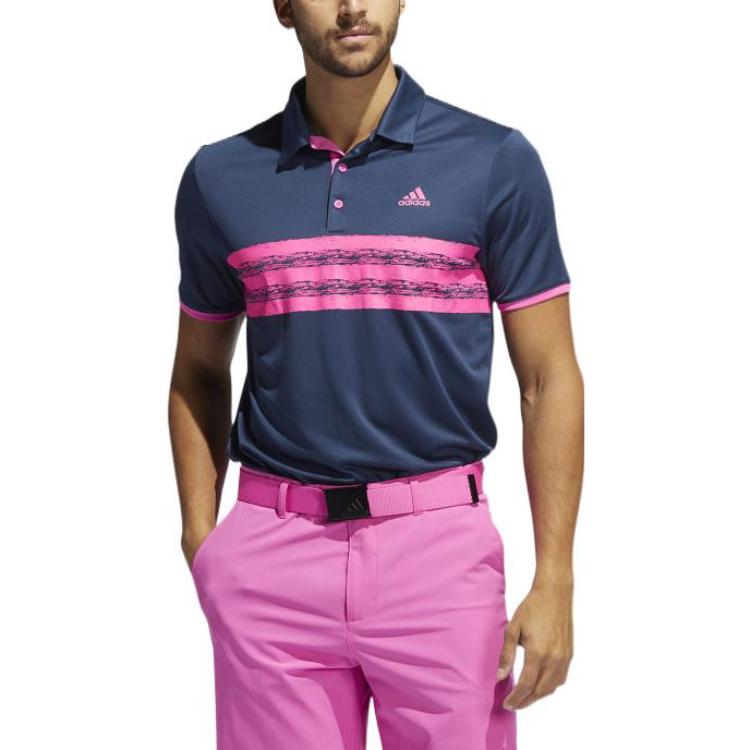 Men's Stripe Printing Golf Sports Short Sleeve Navy Blue Polo Shirt