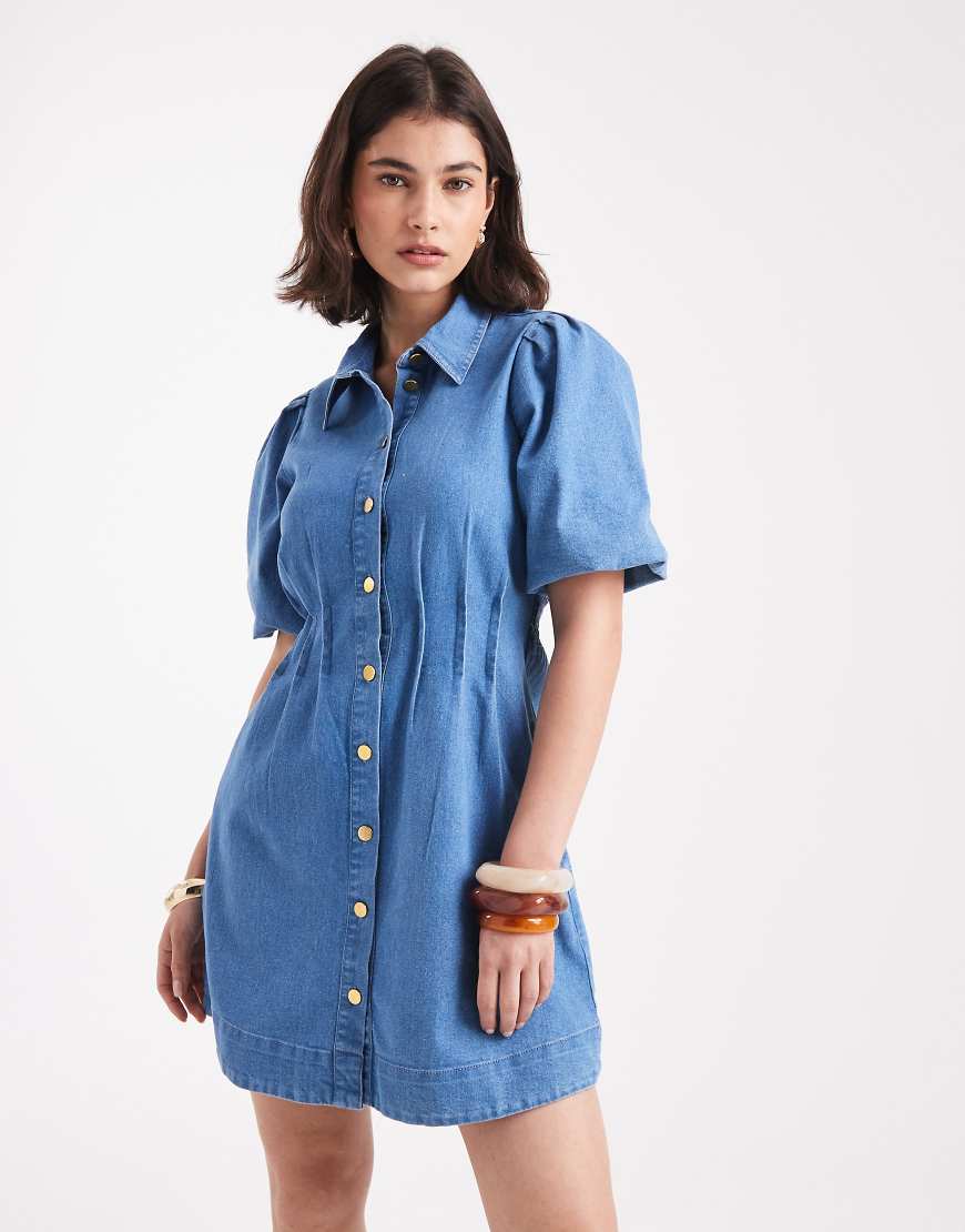 Puff sleeve pleated waist denim mini dress in medium blue