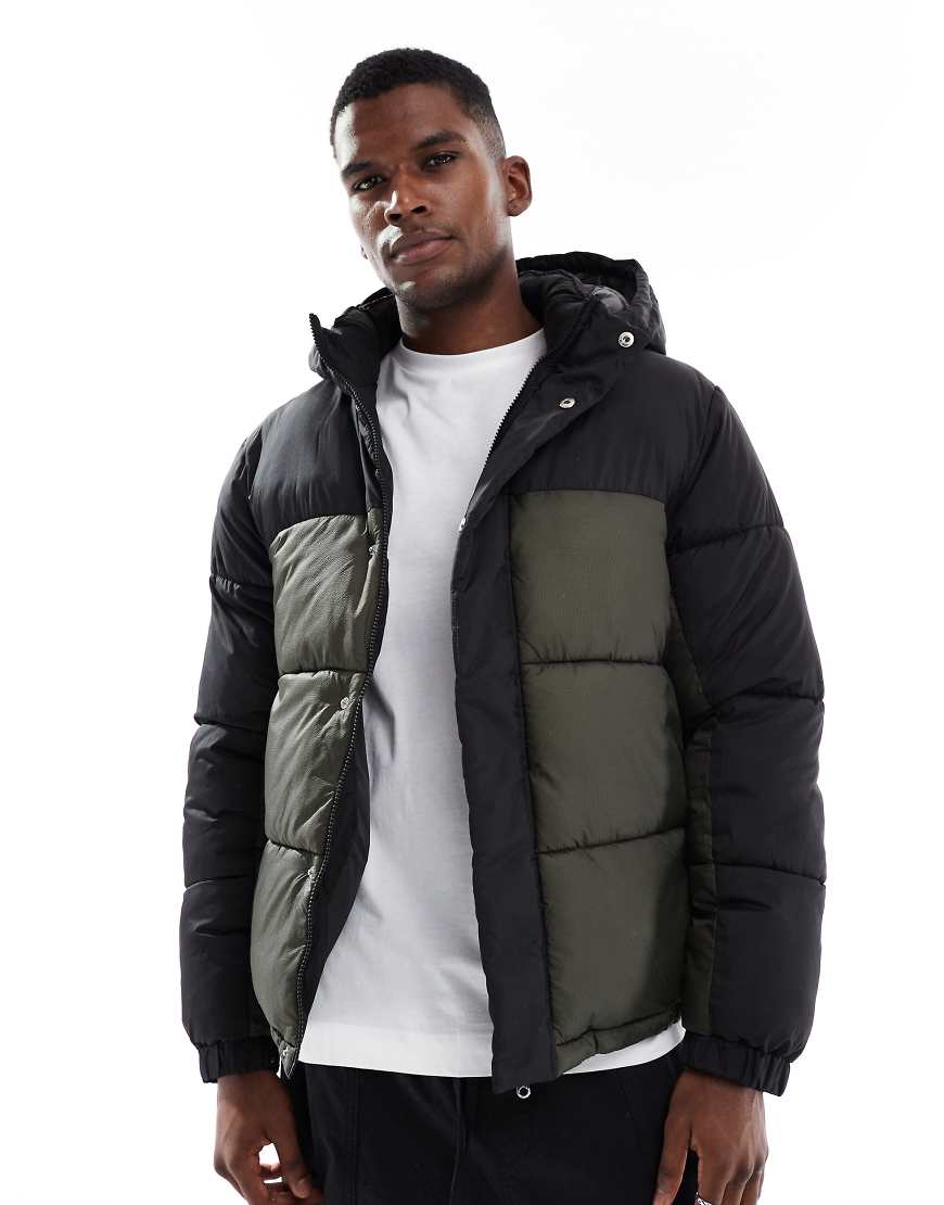 Hooded color block puffer jacket in black and green