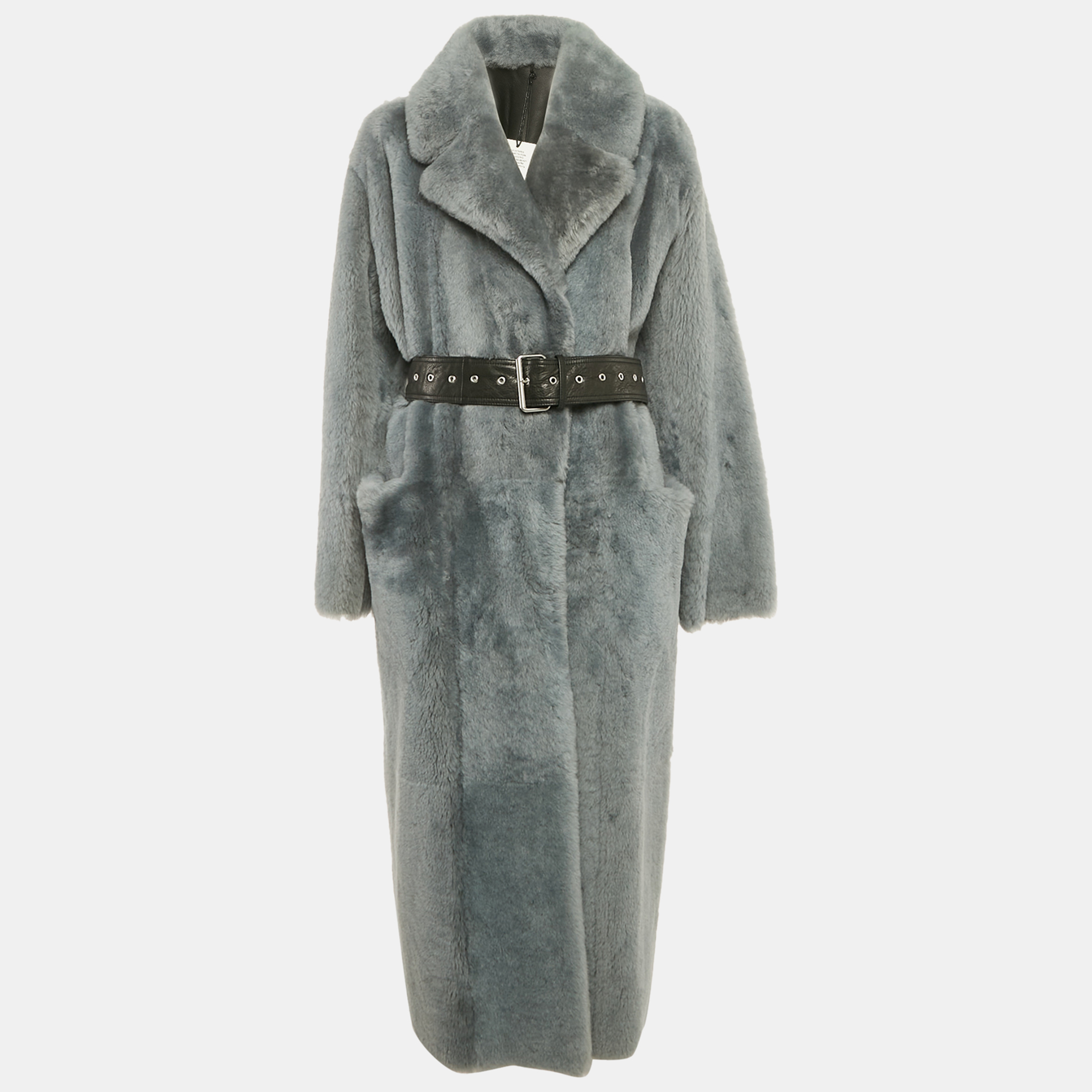 Common Leisure Blue Shearling and Leather Belted Coat
