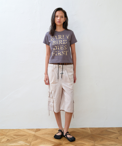 LAYERED CHECK CARGO SHORTS CREAM