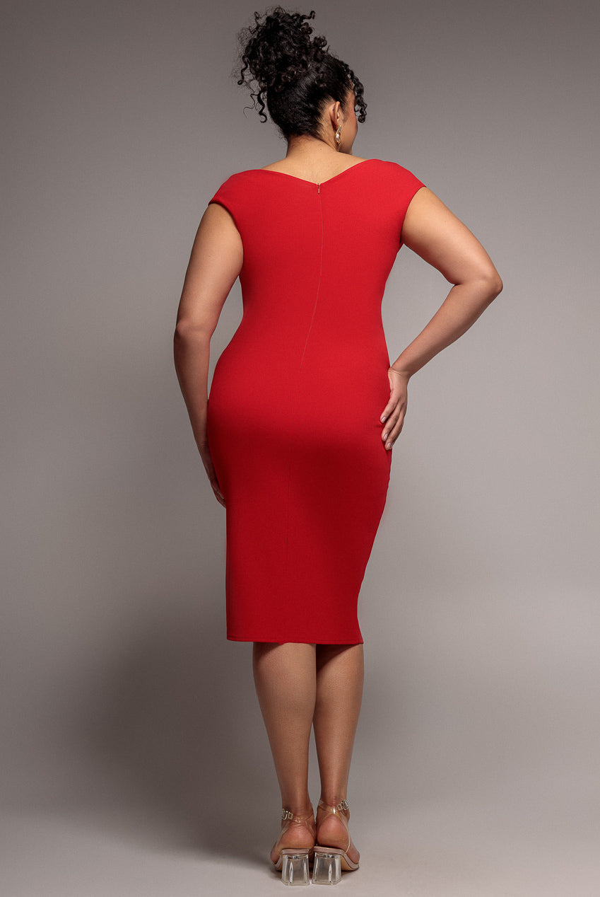 Goddiva Plus Scuba Bardot Pleated Midi Dress - Red