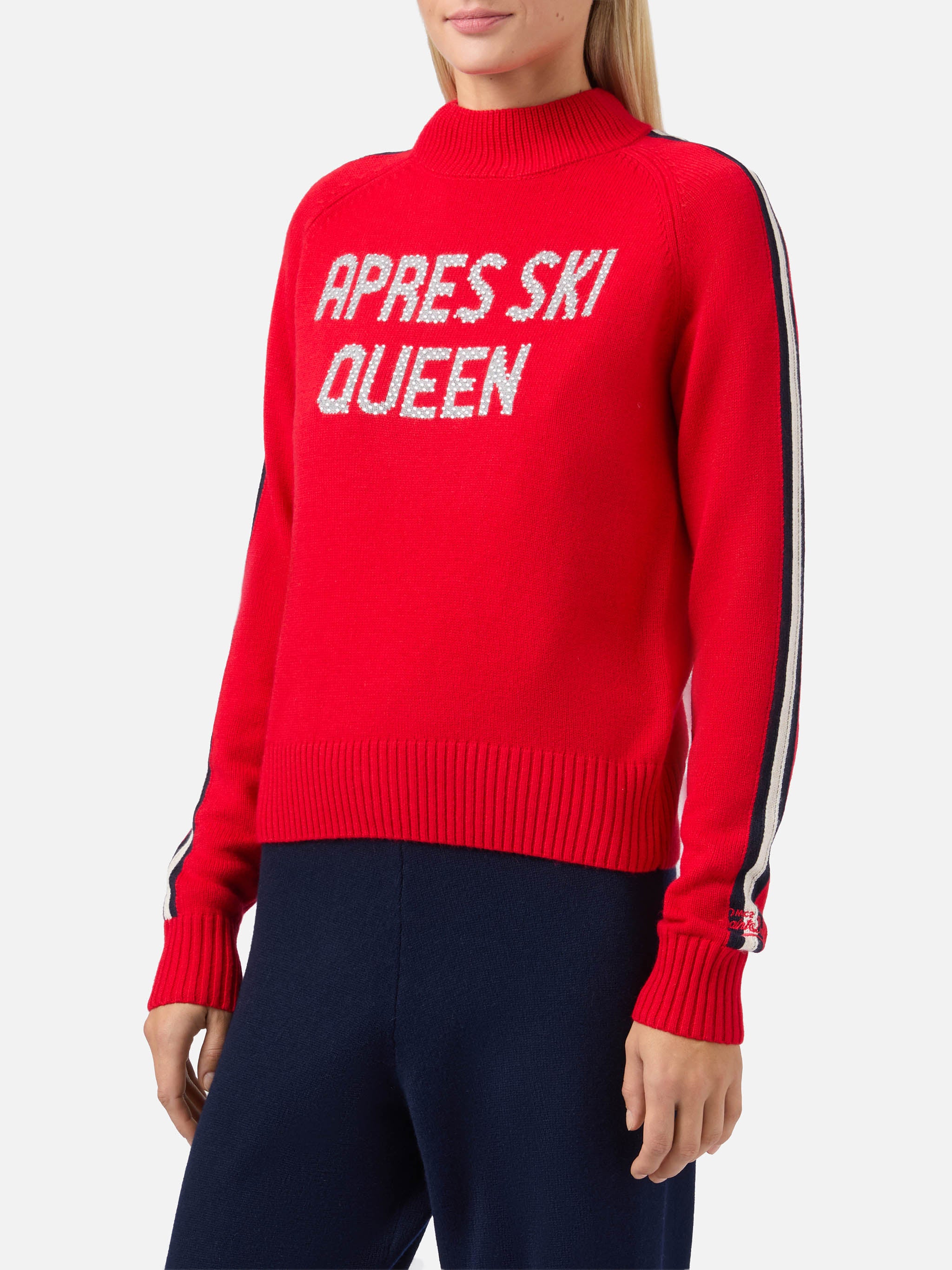 Peak Cashmere-Blend Mock-Neck Red With Apres Ski Queen Rhinestone Appliqué Knitwear - Women