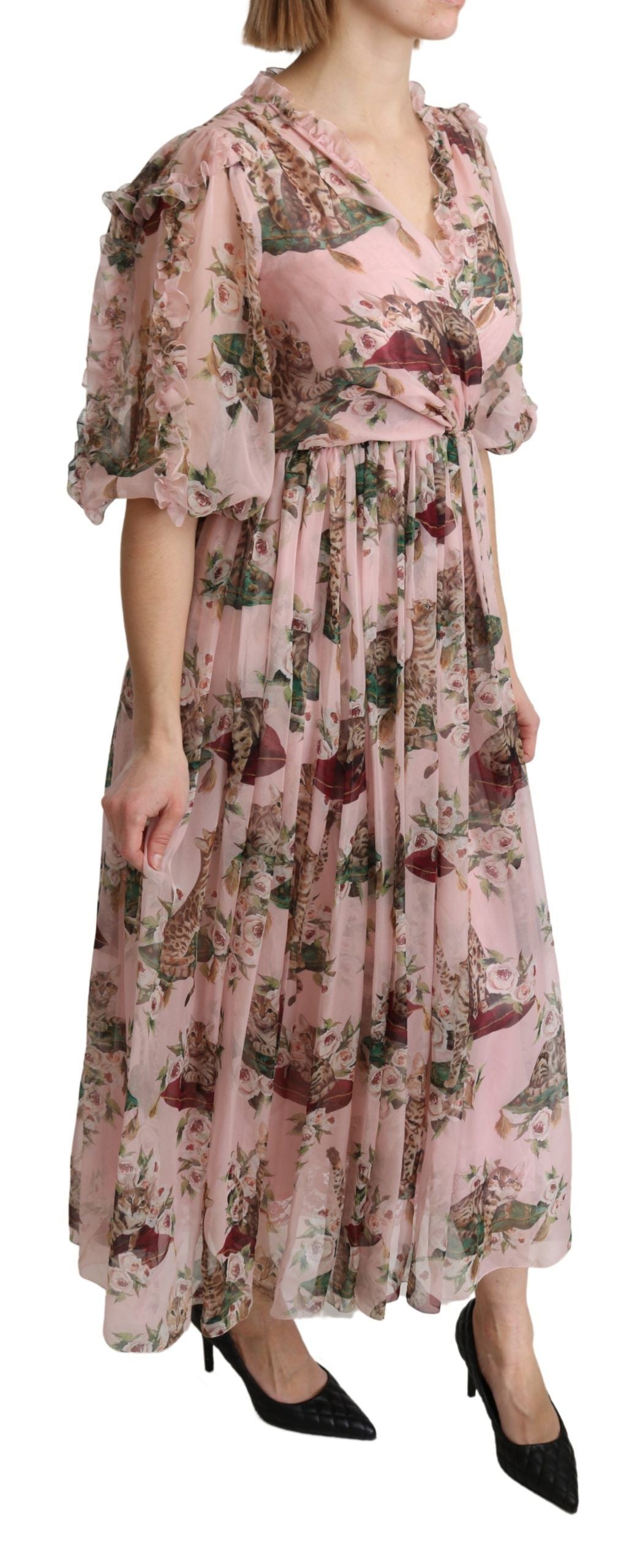 Bengal Cat Print Silk Dress — Pink