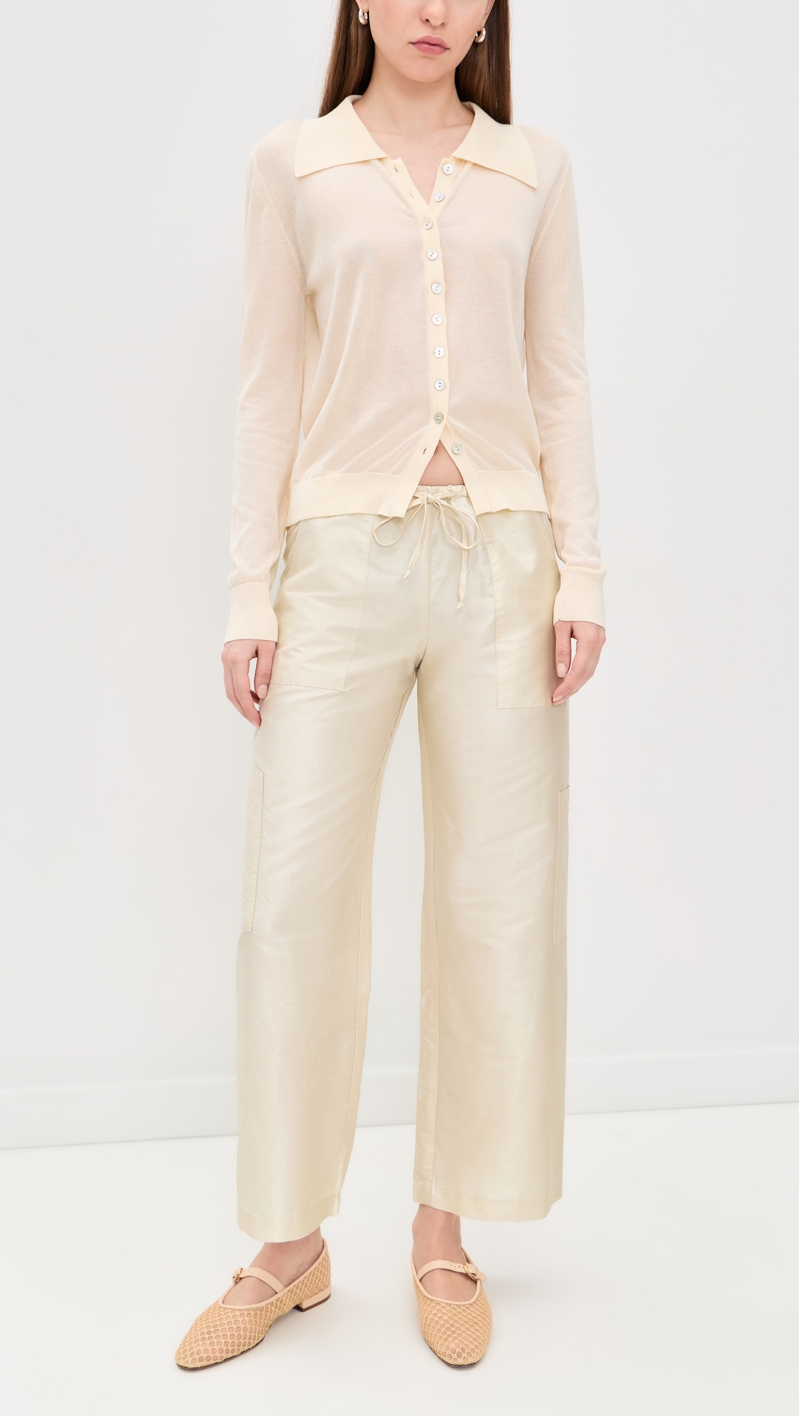 The Taffeta Drawstring Cargo Pants Creme