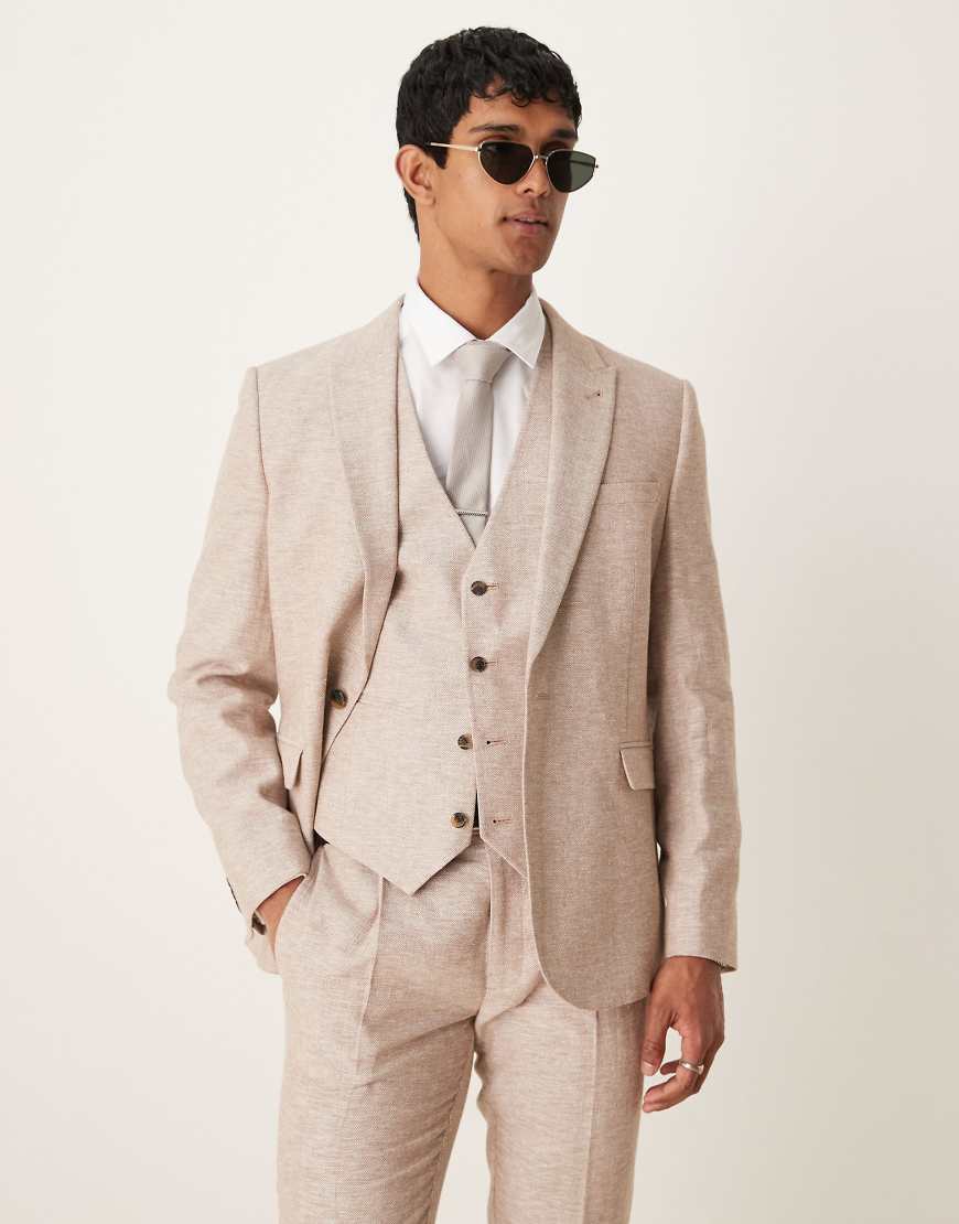 Linen cotton blend slim suit jacket in brown herringbone