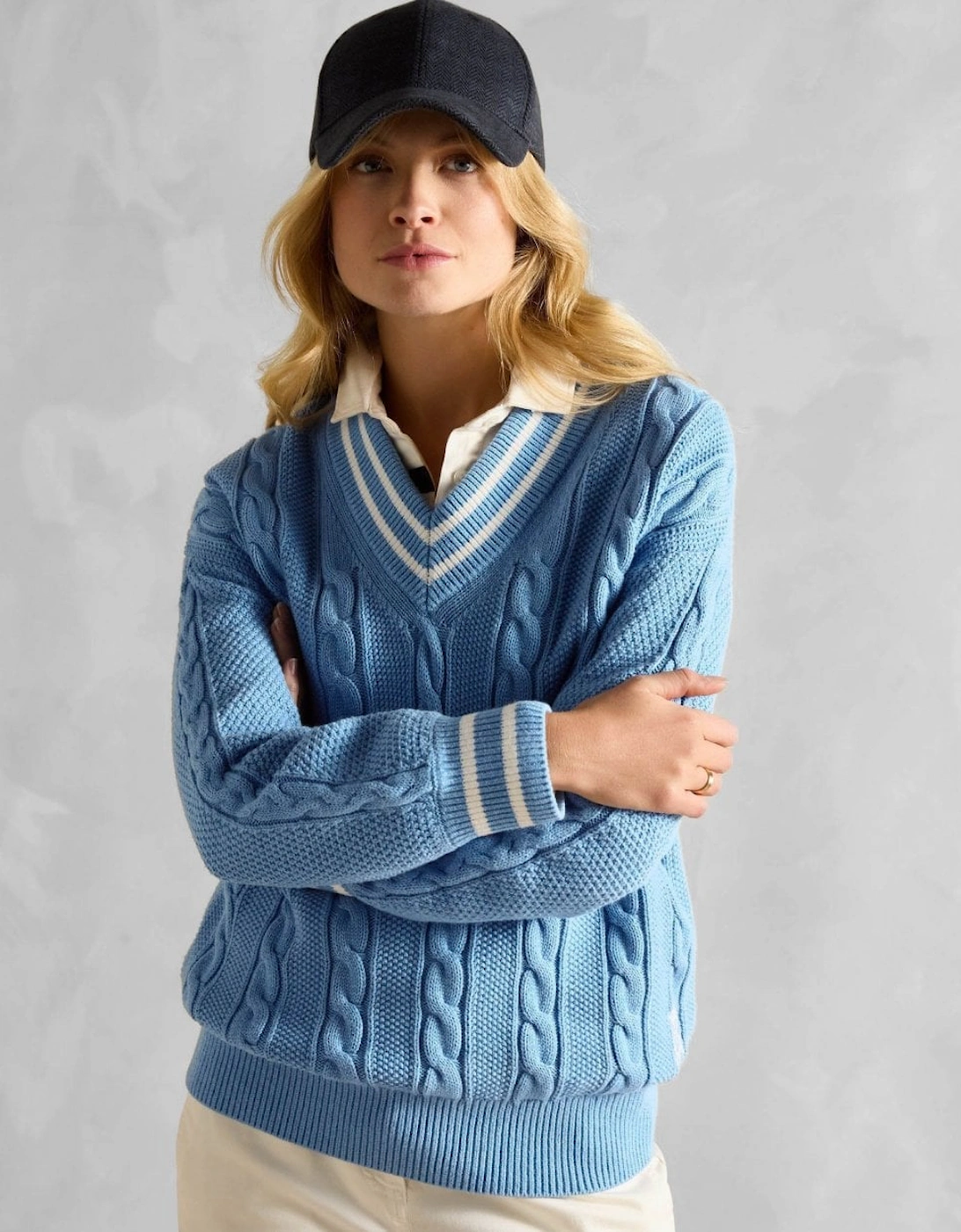Women's Joules Dibbly Womens V-Neck Cable Knit Jumper - Blue - Size: 14