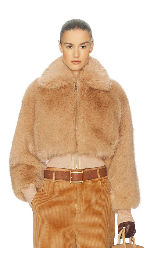 Helsa Faux Fox Bomber Jacket in Tan. XS. Also in L, M