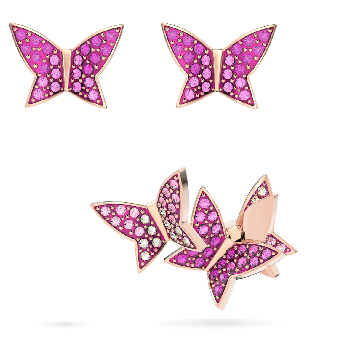 Idyllia Lilia stud earrings, Set (3), Butterfly, Pink, Rose gold-tone plated