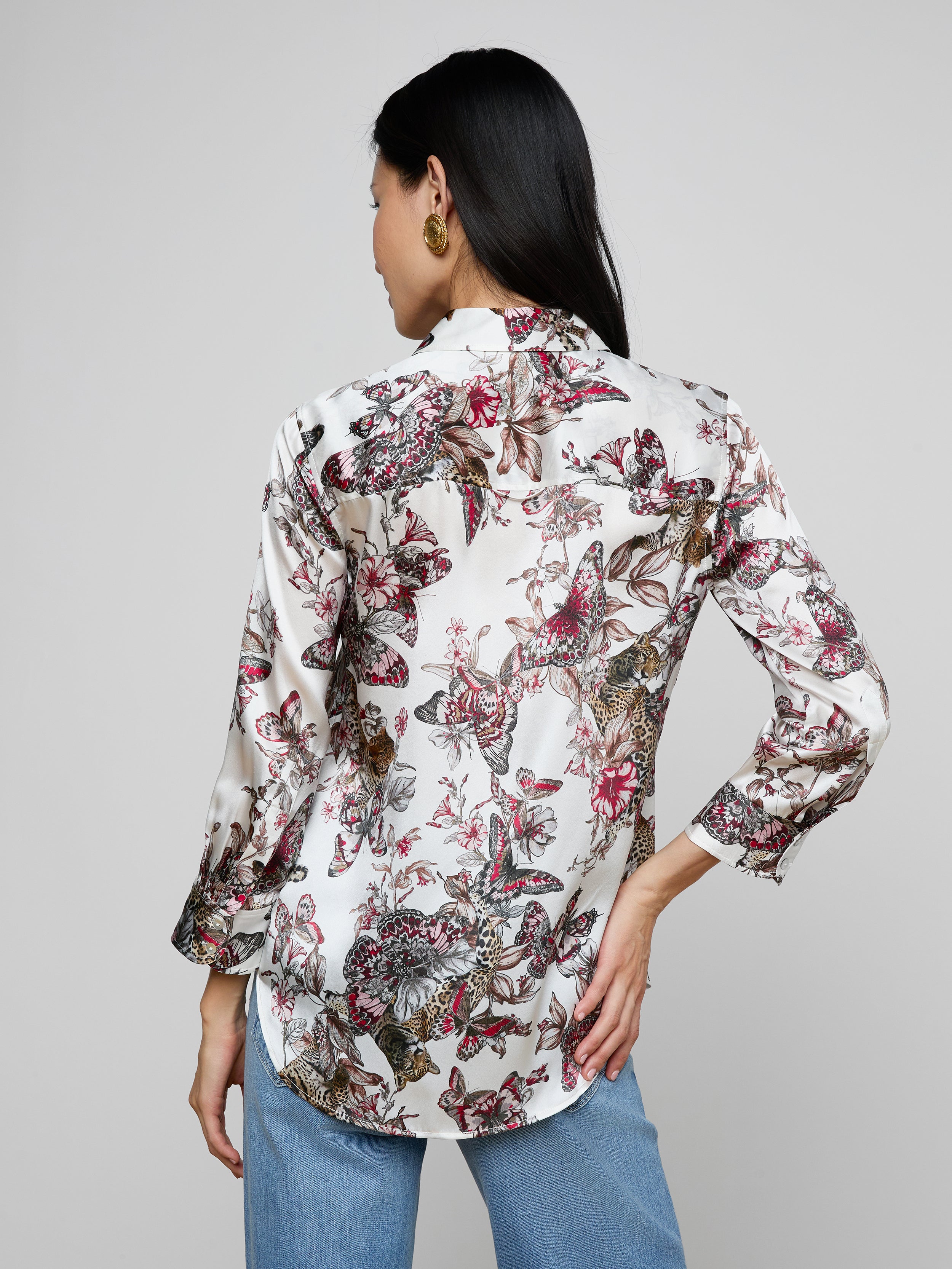 Dani Silk Blouse Top In White Multi Small Butterfly Jungle