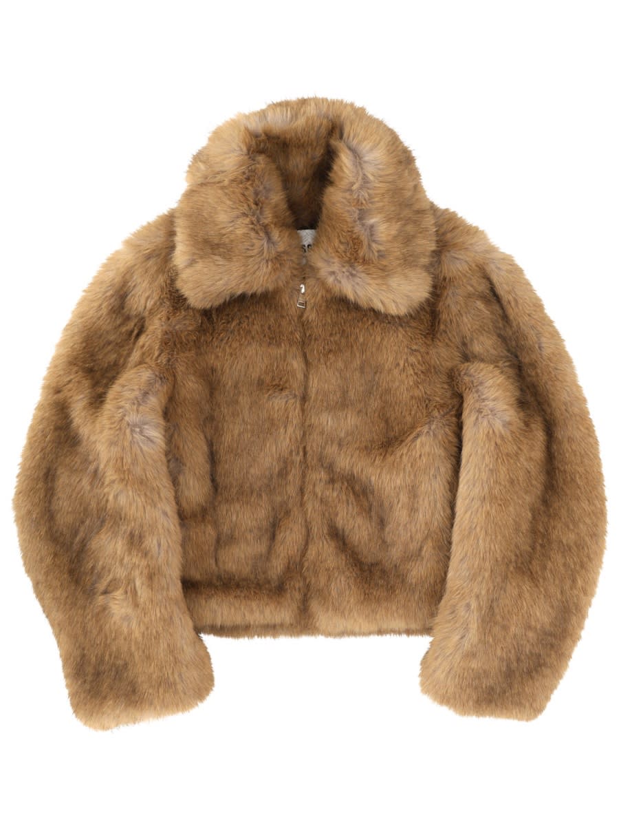 Beige Fur Jacket With Spread Collar And Front Concealed Closure In Ecofur Woman