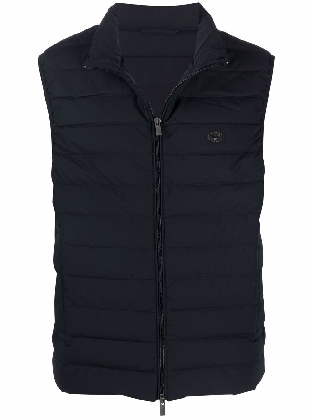 Full-zip, sleeveless quilted nylon down jacket with eagle logo patch