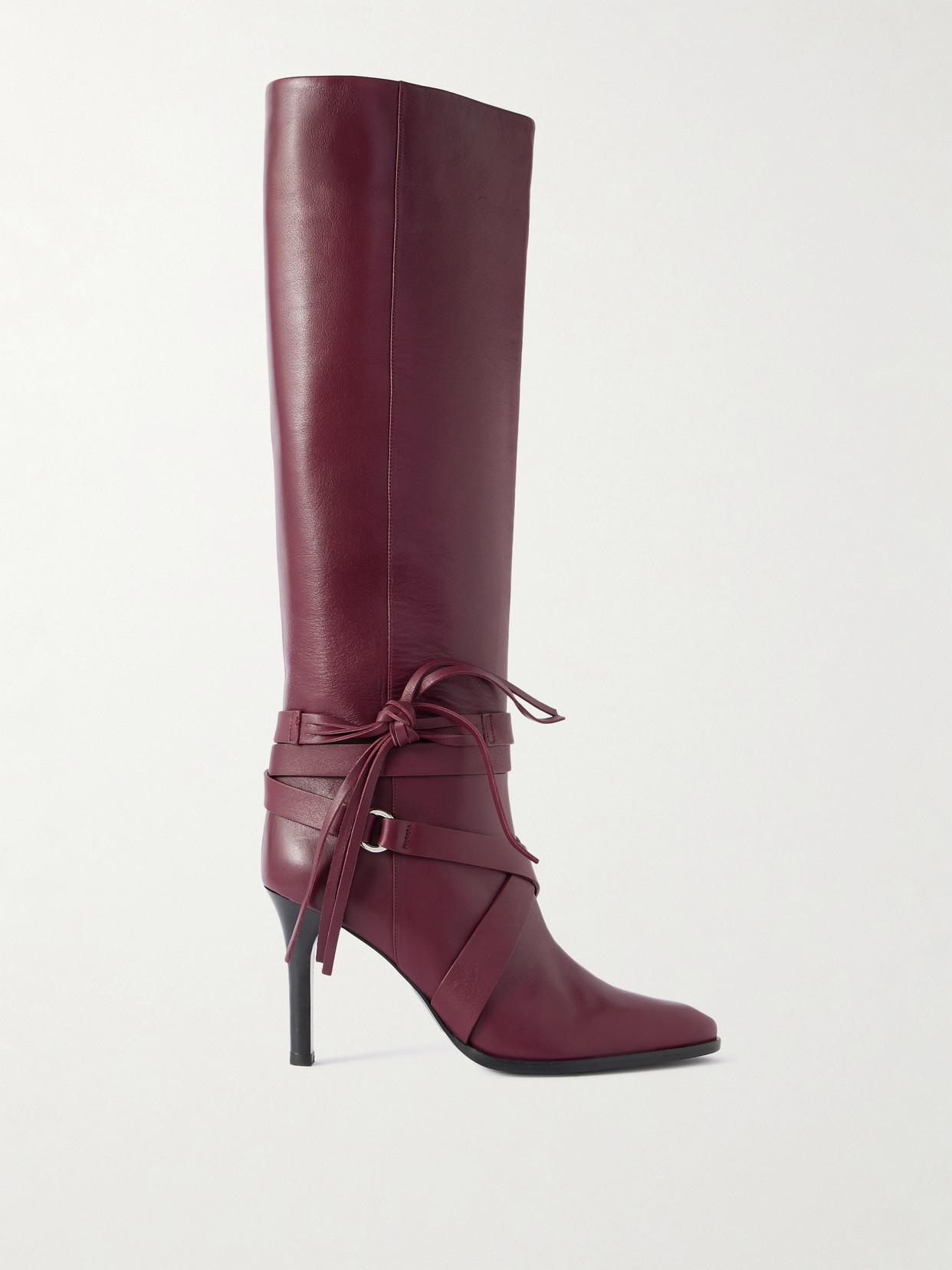 Analui Tasseled Buckled Leather Knee Boots - Burgundy