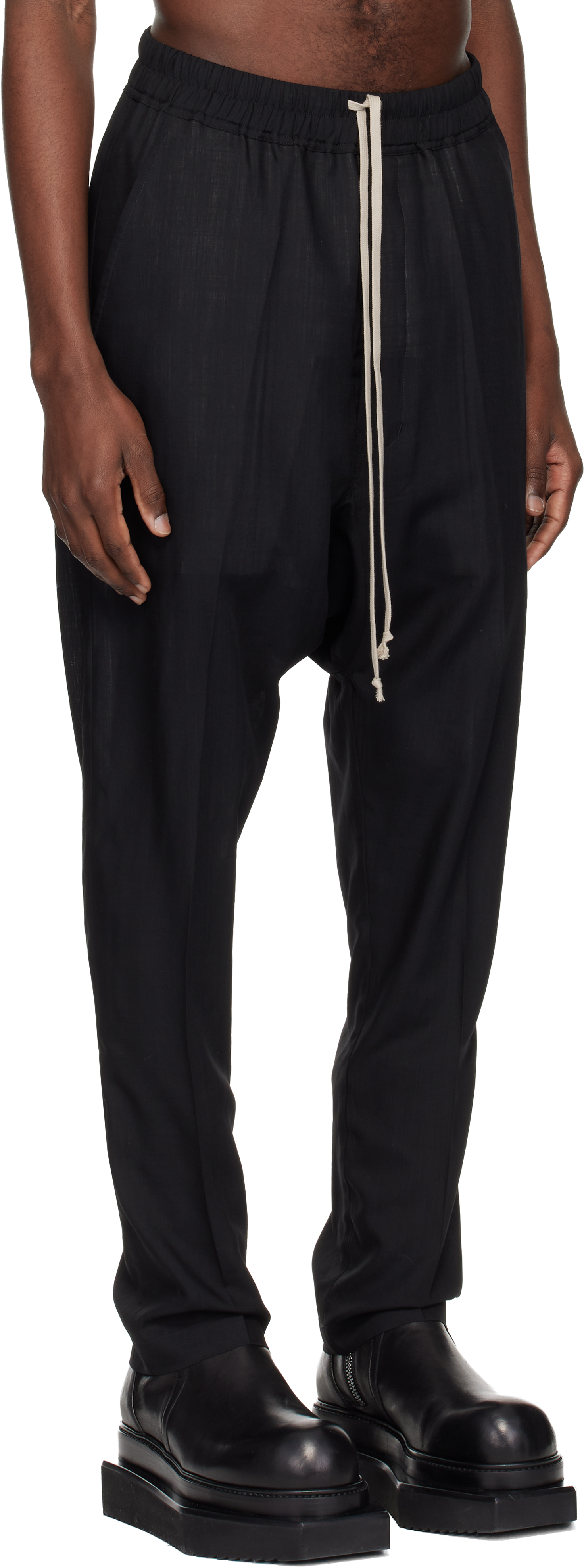 Black Temple Drawstring Slim Long Trousers