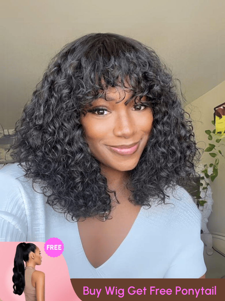 [$119=Wig+ Ponytail] Weekend Special Offer Curly Bob Wig With Bangs Mono Lace On Top & Body Wave Ponytai