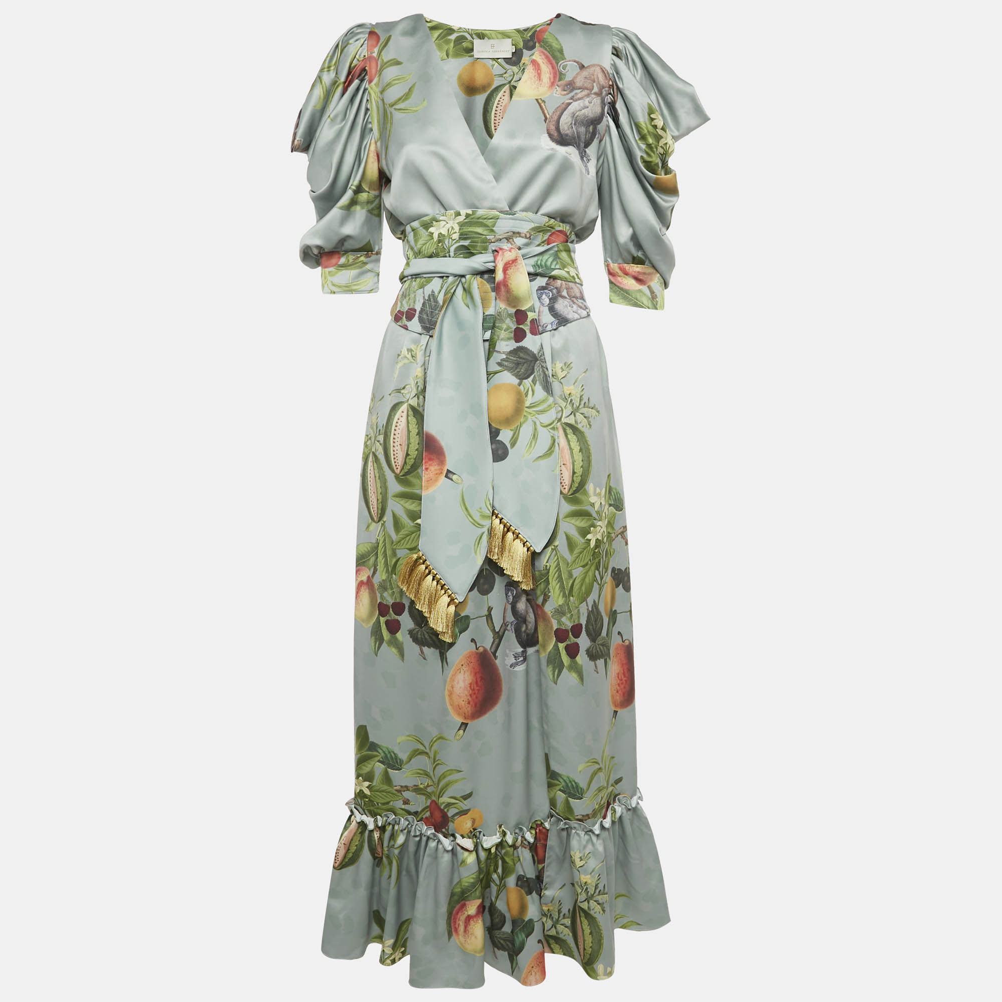 Eugenia Fernandez Sage Green Printed Satin Palma Maxi Dre