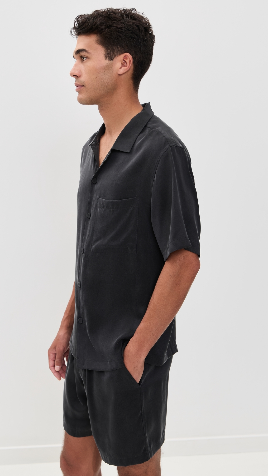 Washable Silk Button Up Short Set Immersed Black