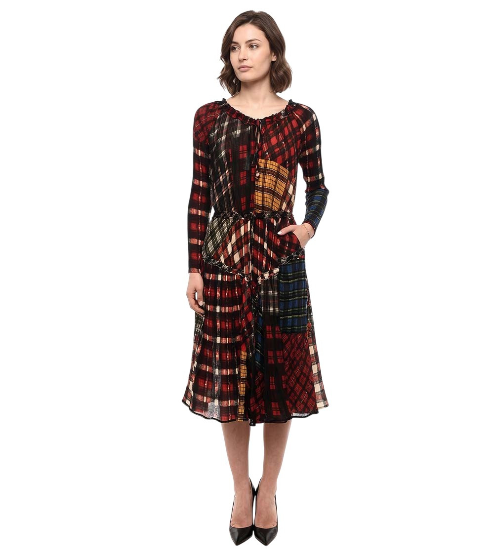 Multicolor Plaid Round Neck Midi Dress
