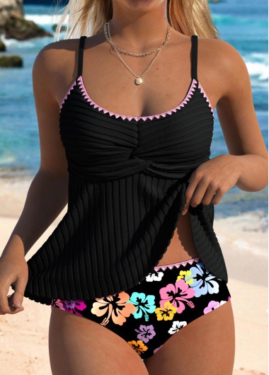 Modlily Contrast Binding Mid Waisted Floral Print Black Tankini Set