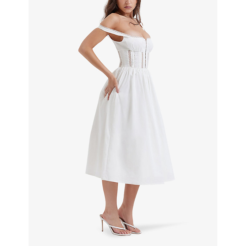 Womens White Perle Lace-trim Stretch-cotton Midi Dress