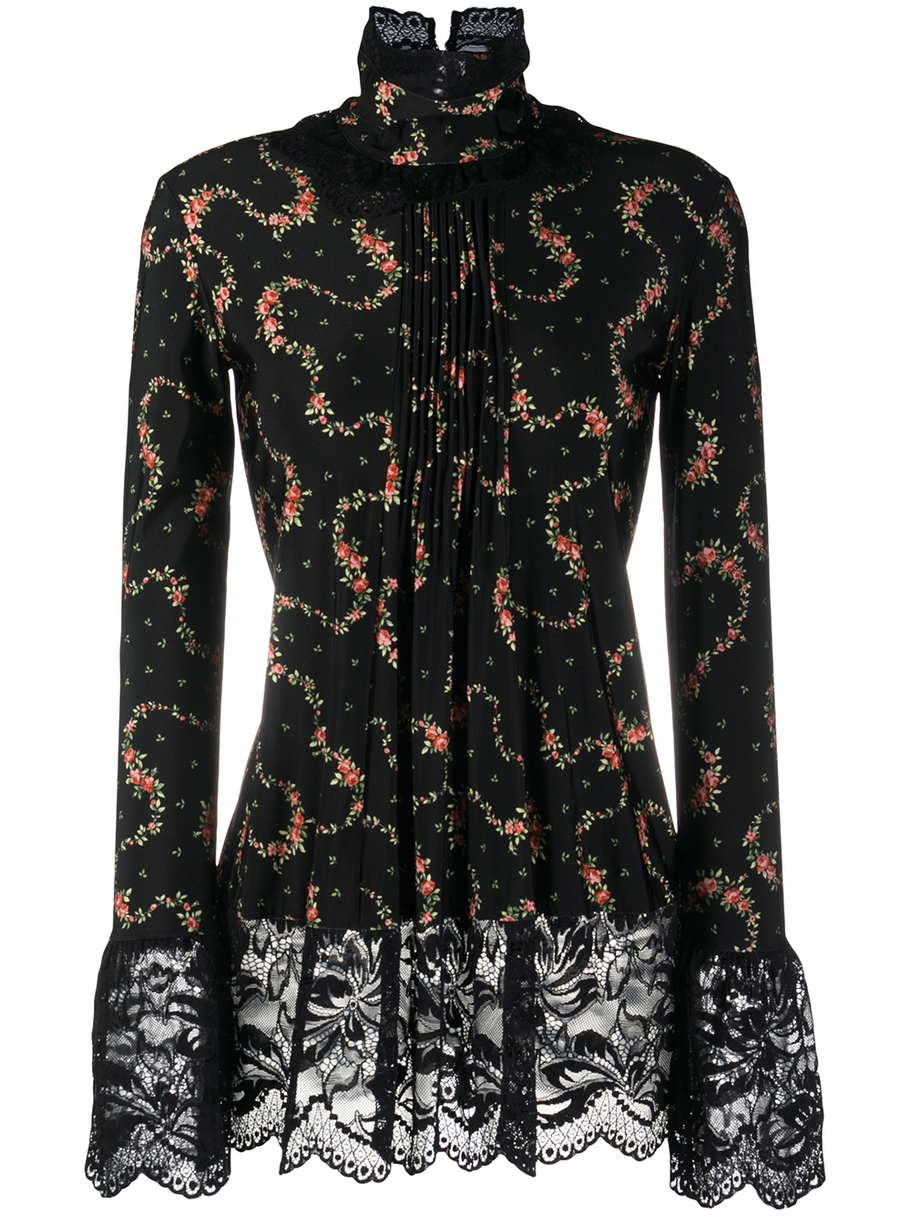 Lace-trimmed floral top - Black