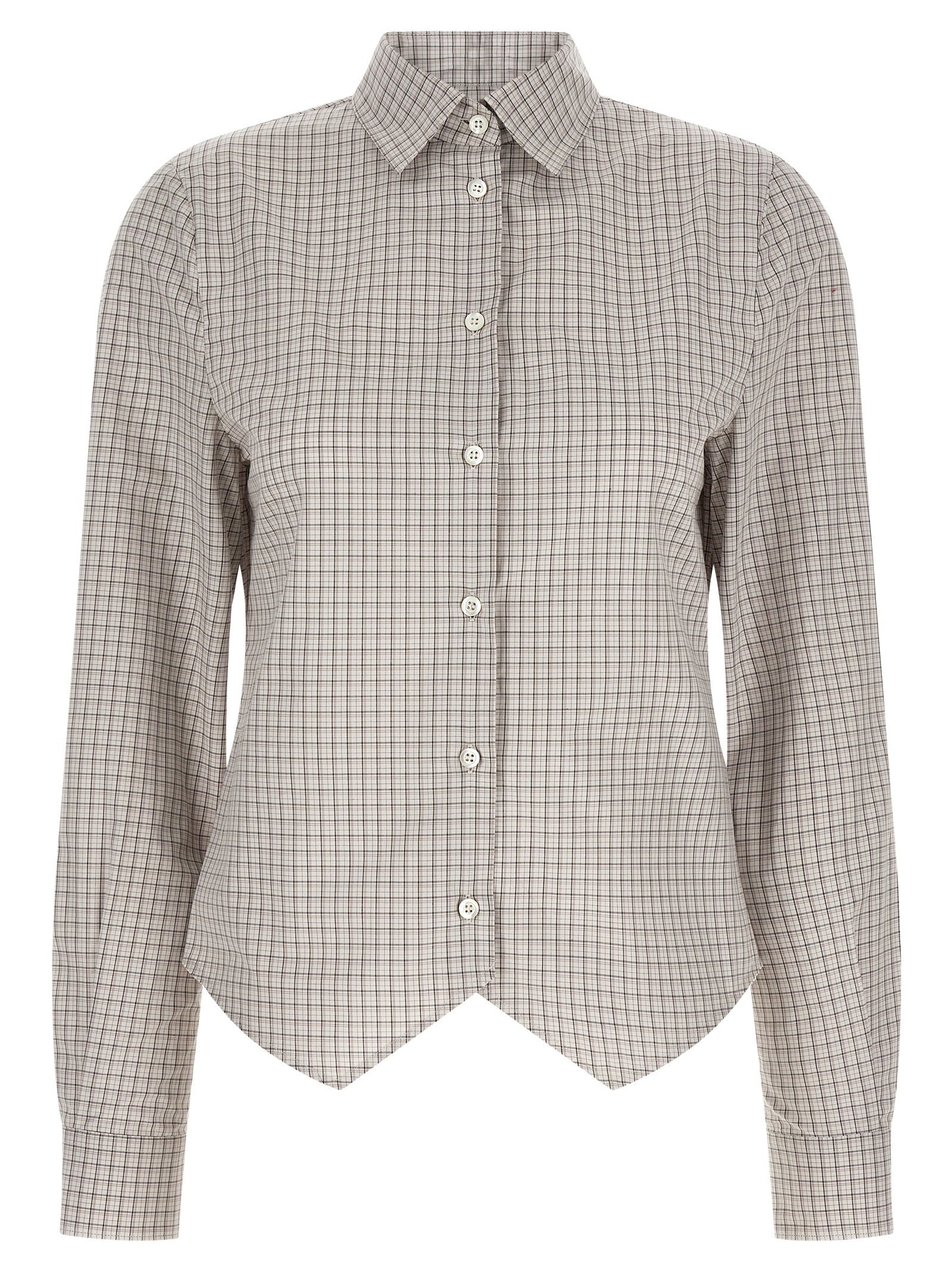 Check Cotton with Pointed Hem Shirt — Beige