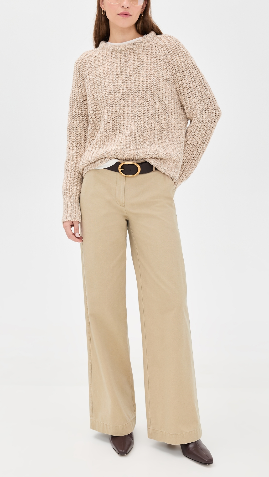 Cotton Twill Wide Leg Trousers Khaki
