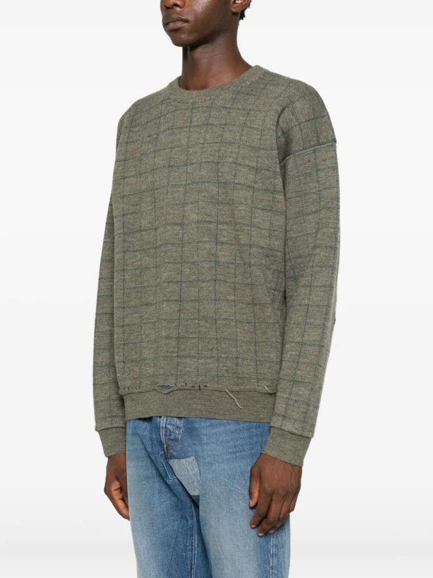 Green Checked Distressed Sweater
