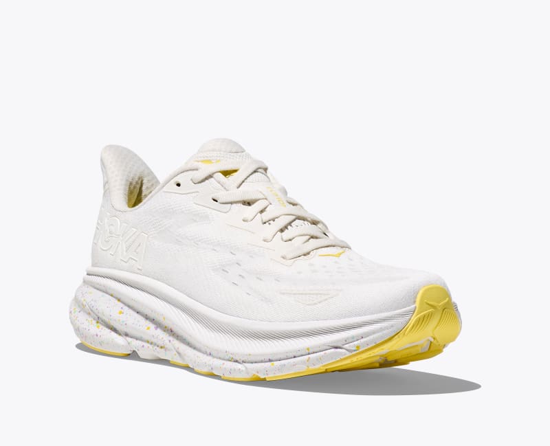 HOKA Women's Clifton 9 Shoes in White/Lemonade