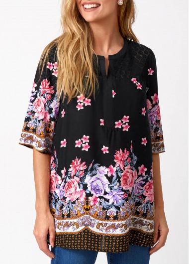 Modlily Split Neck Floral Print Lace Stitching Blouse