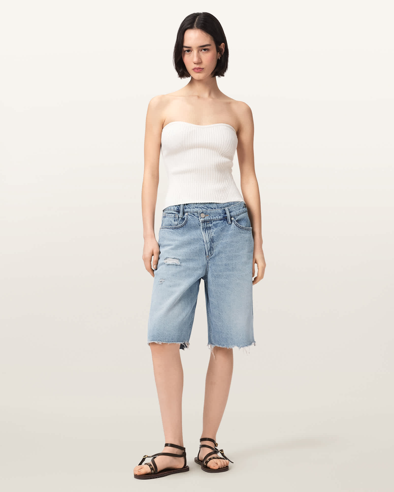Aki Crossover Wide Leg Denim Shorts