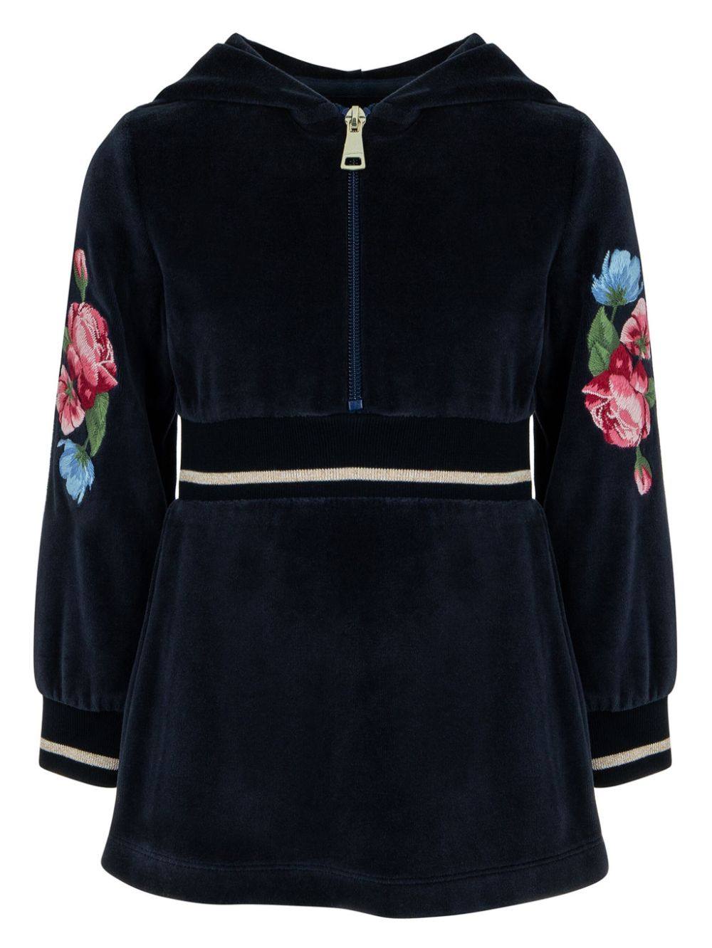 Floral embroidery hooded dress - Blue