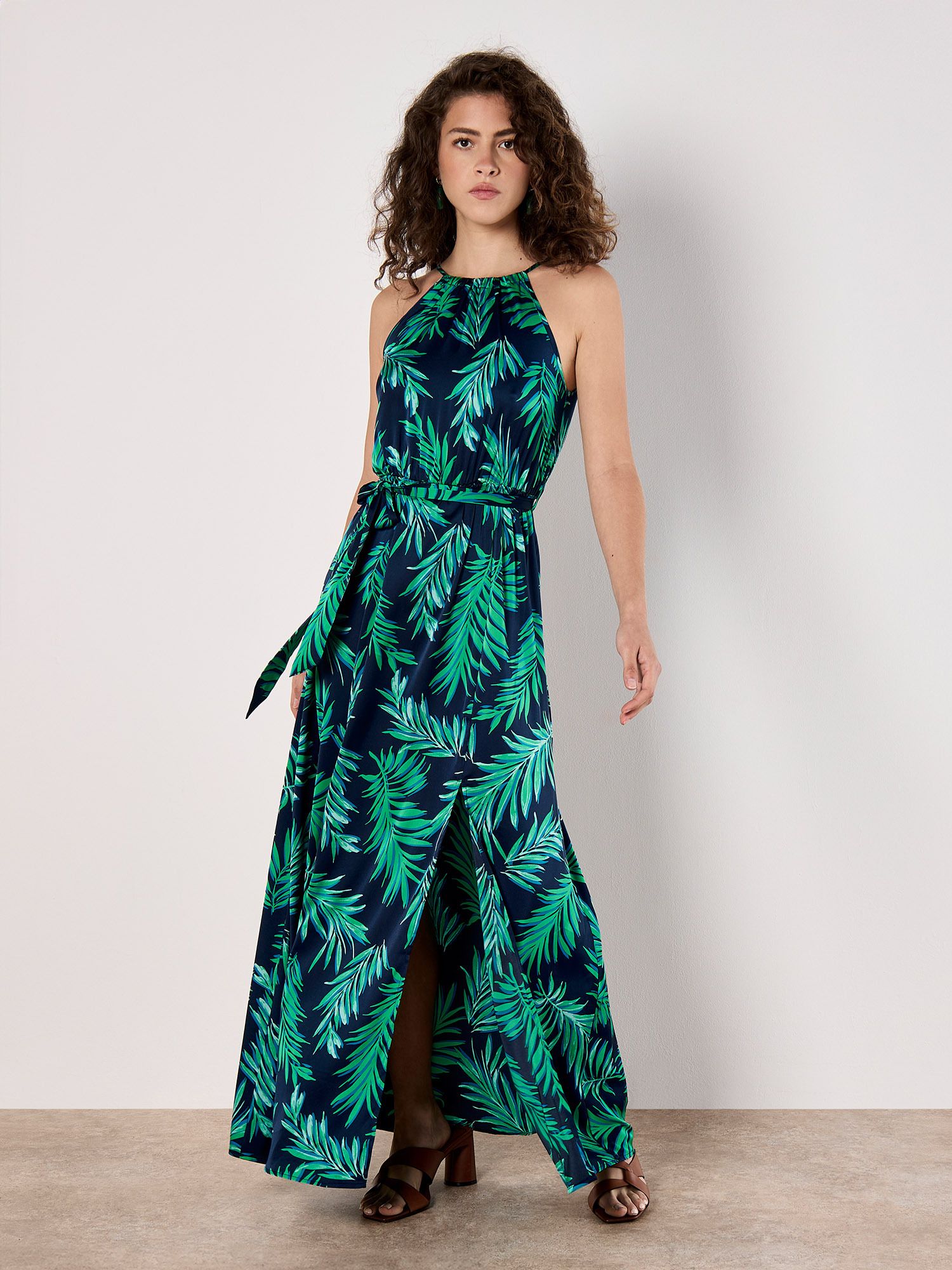 Apricot Tropical Leaf Satin Halterneck Maxi Dress In Navy