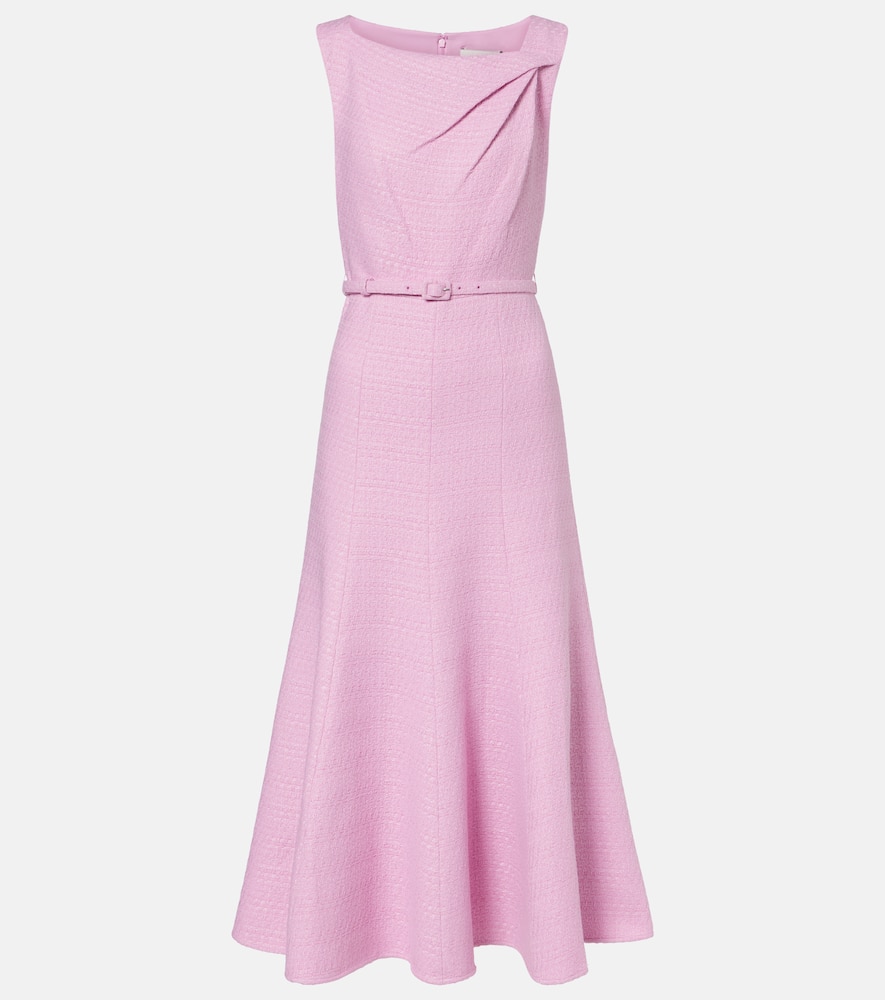 Asymmetric belted bouclé midi dress