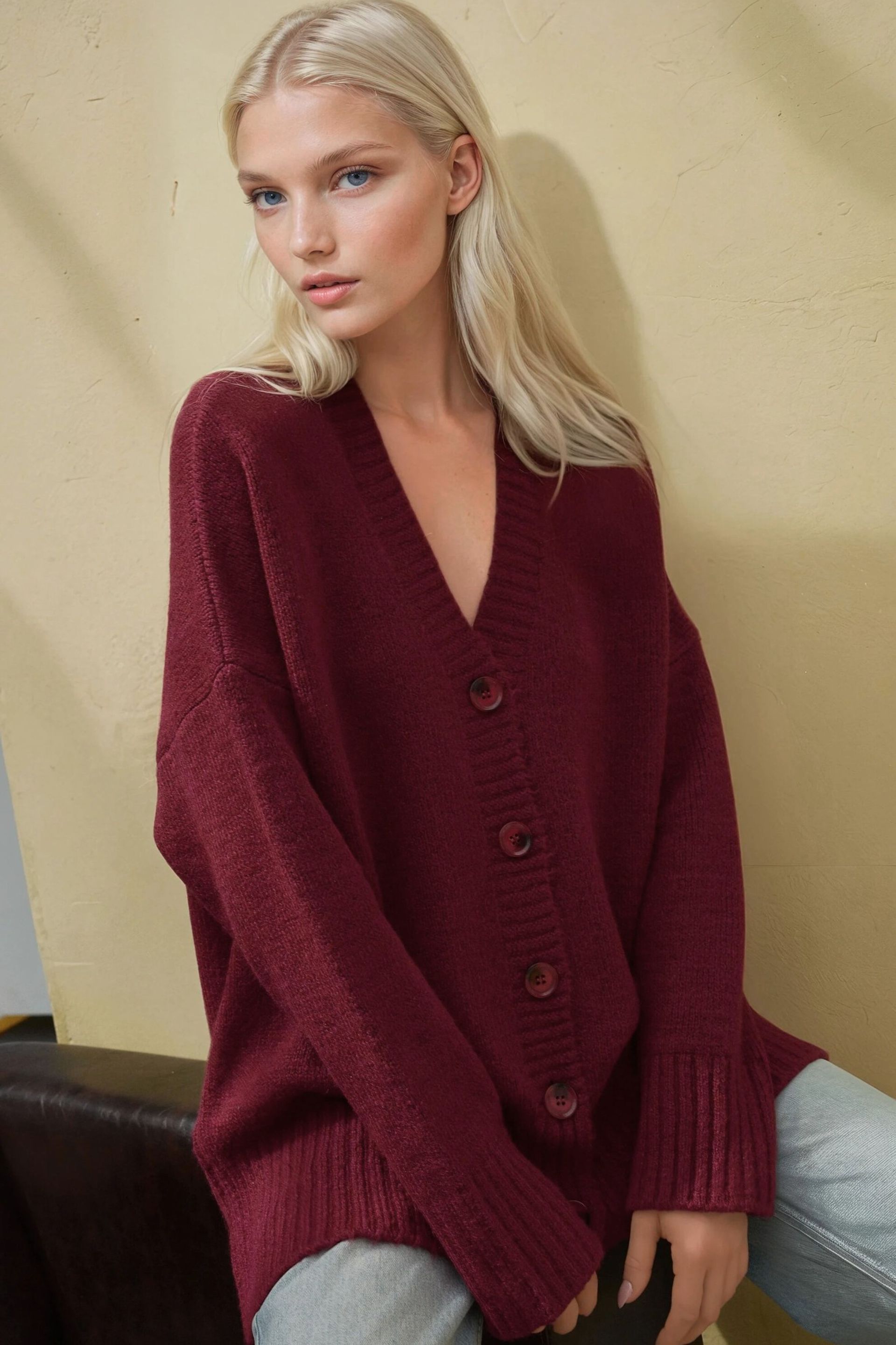 Red Thick V-neck Knitwear Cardigan Women