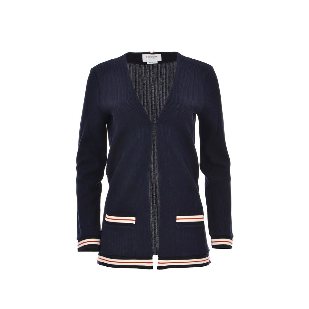 Striped Trim Cotton Cardigan — Navy